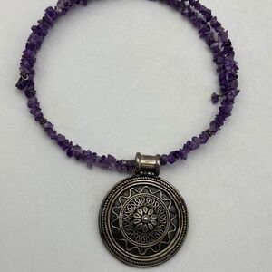 Sterling Silver Pendant on Amethyst Beaded Choker Necklace 38g